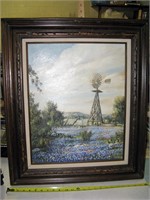 Bluebonnets & Windmill Signed Oil on Canvas