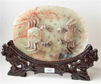 Carved Chinese jade plaque with 2 raised crabs,