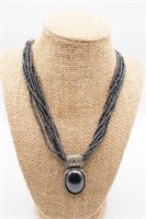 Vintage Beaded Necklace Black Pendant