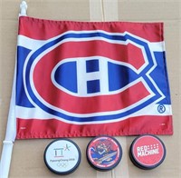 Montreal Canadiens Flag 11x14in and Hockey Pucks