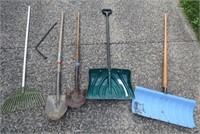 Dirt shovels, snow shovels, leaf rake