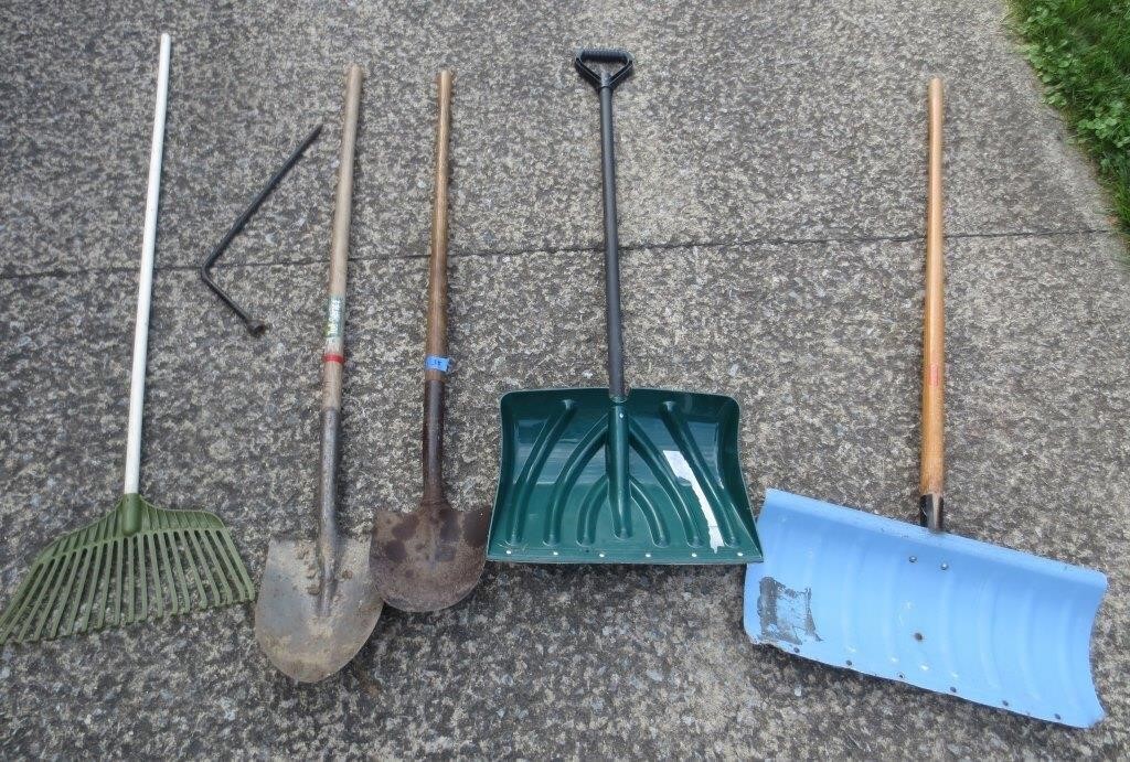 Dirt shovels, snow shovels, leaf rake