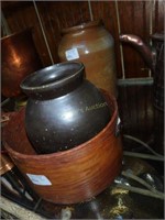 2 Stoneware Crocks & Wooden Bale Handled Bucket