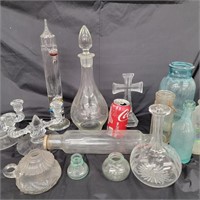 Lot -  glass decanter, pair glass candlesticks,