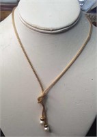 14K Gold Mesh Pearl  Lovers Knot Necklace