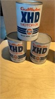 3pc Vintage 1qt Gulf XHD Motor Oil Cans unopened