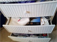 F - 3-DRAWER WHITE WICKER CHEST W/ CONTENTS