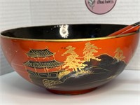 Handpainted Oriental Lacquerware Bowl and Utensils