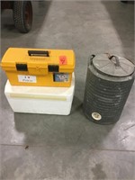 Large galvanized water cooler, toolbox, etc