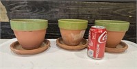 3 Terra Cotta Planters w/Green Painted Rims