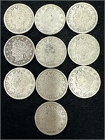 Lot of 10 1908 Liberty "V" Nickels