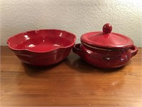 Red Stoneware Covered Casserole & Serving Bowl