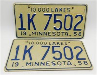 Vintage Pair of 1958 Minnesota License Plates