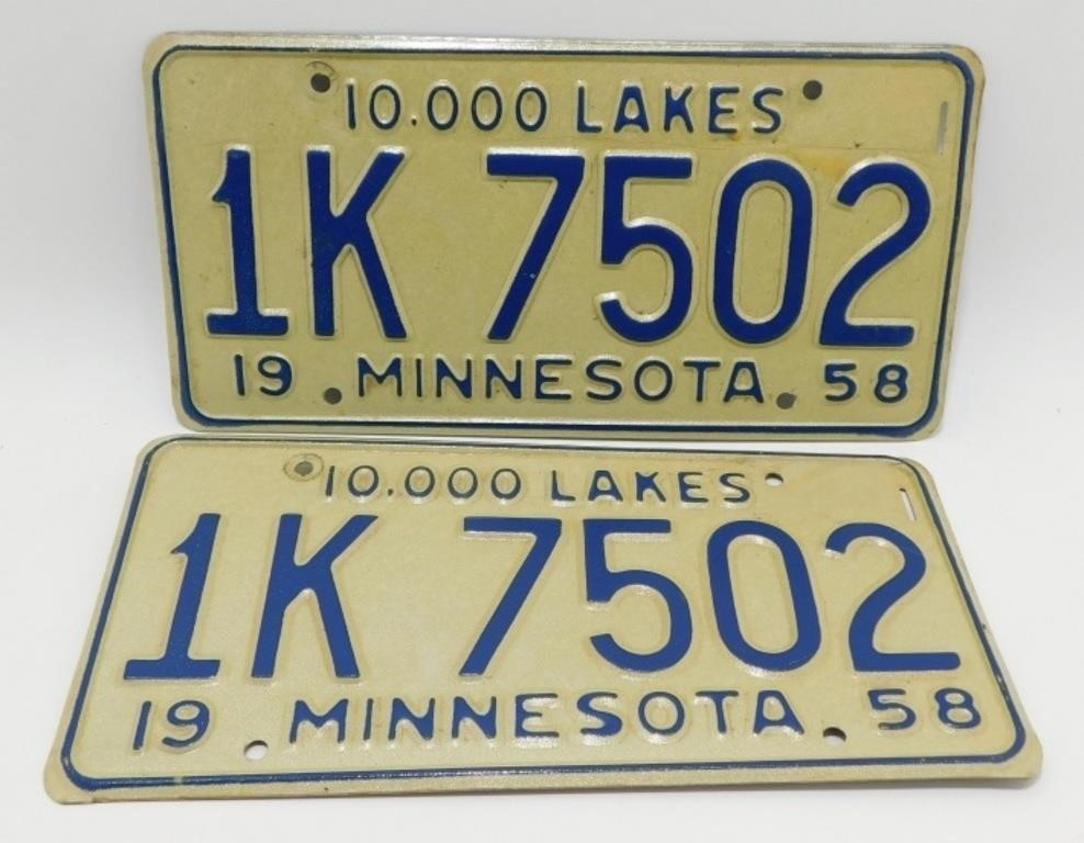 Vintage Pair of 1958 Minnesota License Plates