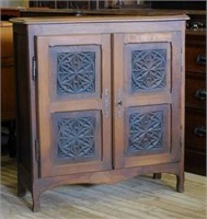 Carved Gothic Style Petite Oak Cabinet.