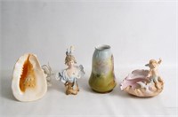 Three Bavarian porcelains  and shell lamp