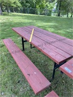 Red outdoor wood picnic table metal base