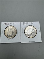 (2) 1969-D 40% Silver Kennedy Half Dollar