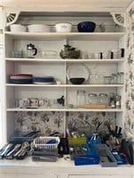 Glassware, measuring cups, plates, forks, spoons,