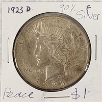 1923 D $1 Peace Silver Dollar 90%