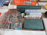 BOX OF FISHING ITEMS, MINNOW CAGE, LURE BOXES MISC