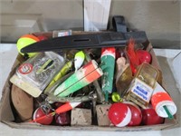 BOX OF FISHING SUPPLIES, FLOATS, HOOKS, KNIVES MIS