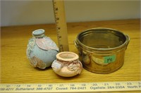 small brass bowl with 2 native vases