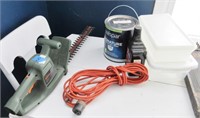 Hedge trimmer, cord, paint, oil, containers