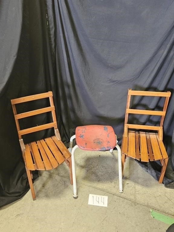 2 Wooden Child's Chairs & Metal Stool