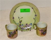 Hand painted by Dori: flowers plate, two cups
