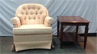 Salmon Swivel Chair & Vintage Walnut Side Table