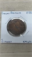 1775 Great Britain 1/2 Penny Coin