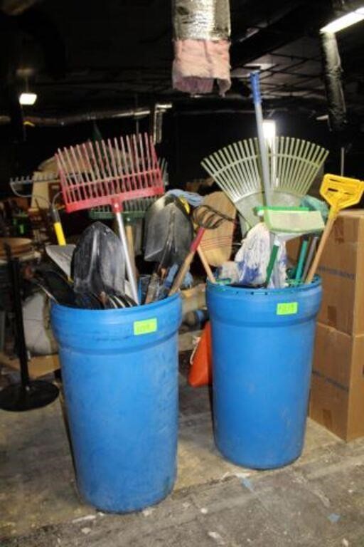 (2) Barrels of Assort. Garden & Janitorial Tools,