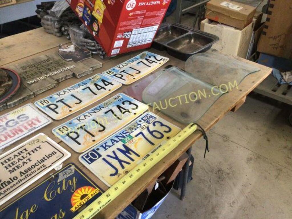 Lot license plates, canvas water bag, scooter