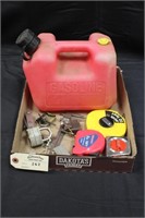 Flat of locks, tape measures and 1 Gallon Gas Can