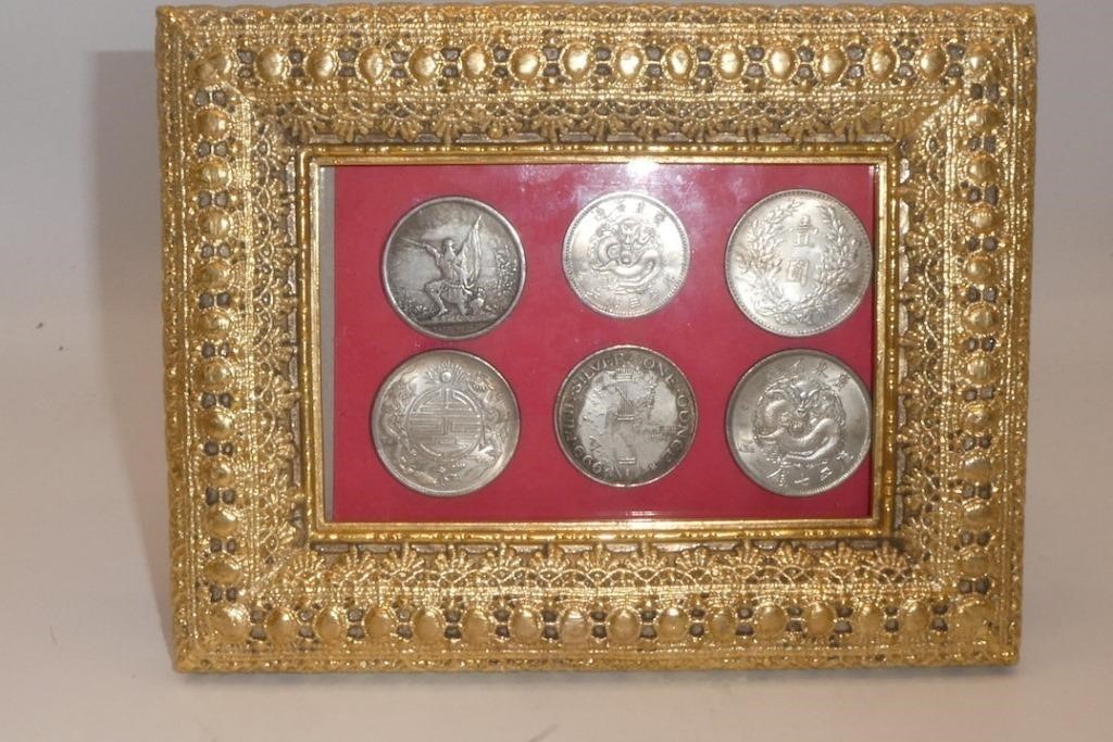 VARIOUS COINS & MEDALLIONS FRAMED