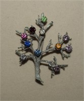 Sterling Tree Brooch, Rhinestones & Maker's Mark