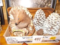 Porcupine, Pair of Lg. Pine Cones, Pair Wooden