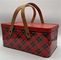 Red Scotch Plaid Metal Basket With  Wooden Handles