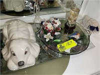 Group of decorative items including stuffed lamb,