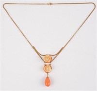 14K Yellow Gold & Coral Rose Theme Necklace.