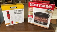George Foreman and hand blender with whisk
