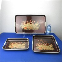 3 Piece Lacquerware Tray Set w/ Peacock Design