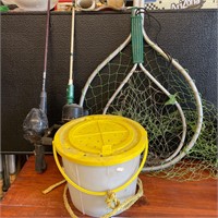 Fishing rods nets bait bucket lot