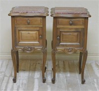 Louis XV Style Marble Top Walnut Side Cabinets.