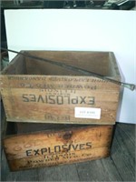 2 wooden explosives boxes, riding crop