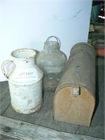 Cast iron cream can, glass bottle with bail, old