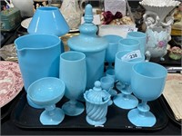 Vintage French blue glass goblets, pitcher.