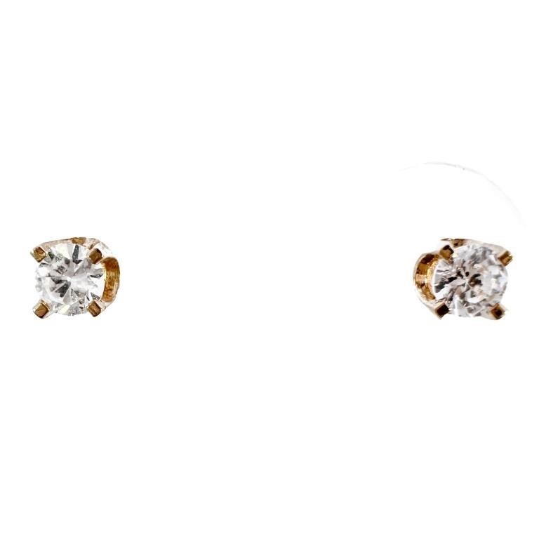 White Diamante Stud Earrings 14k Yellow Gold