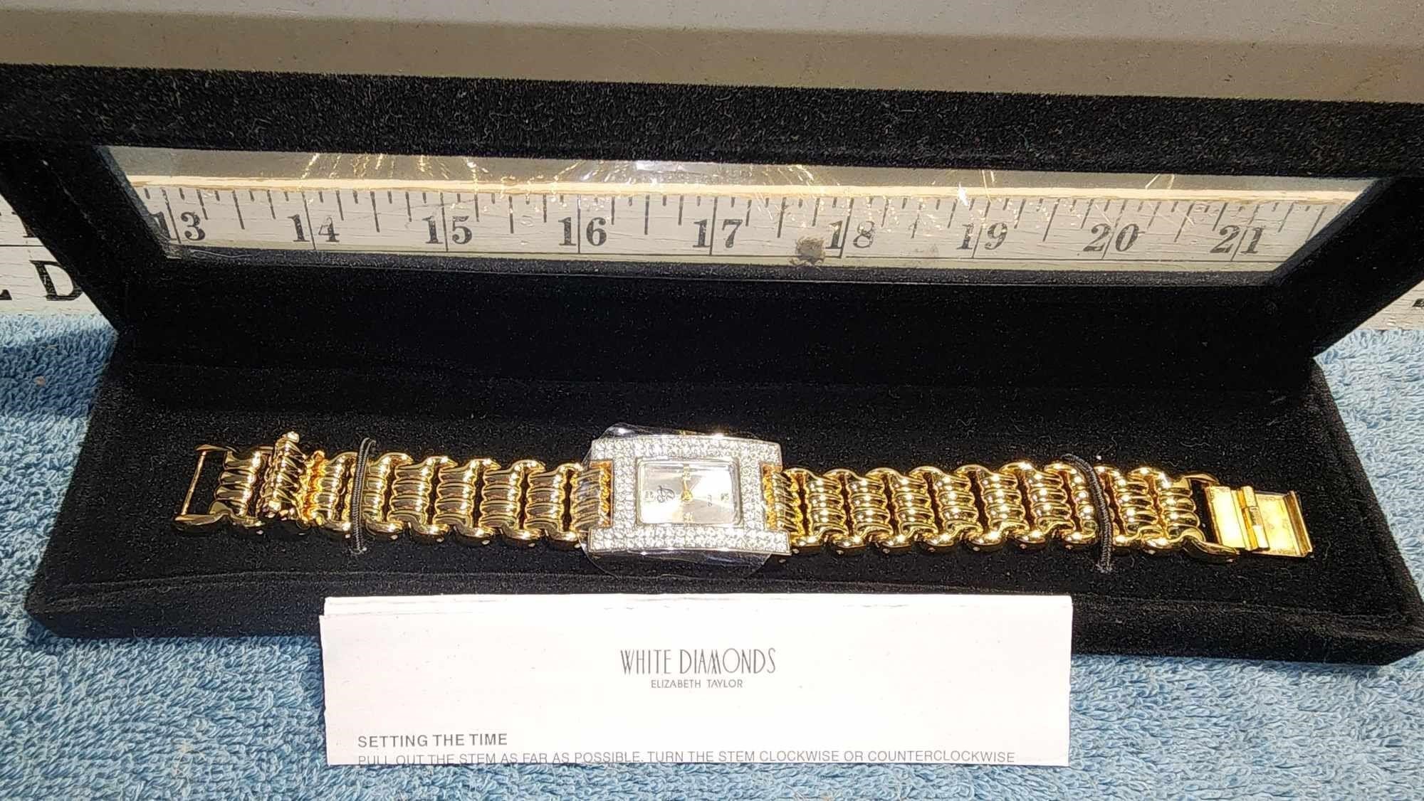 Vintage Elizabeth Taylor White Diamonds Gold Watch
